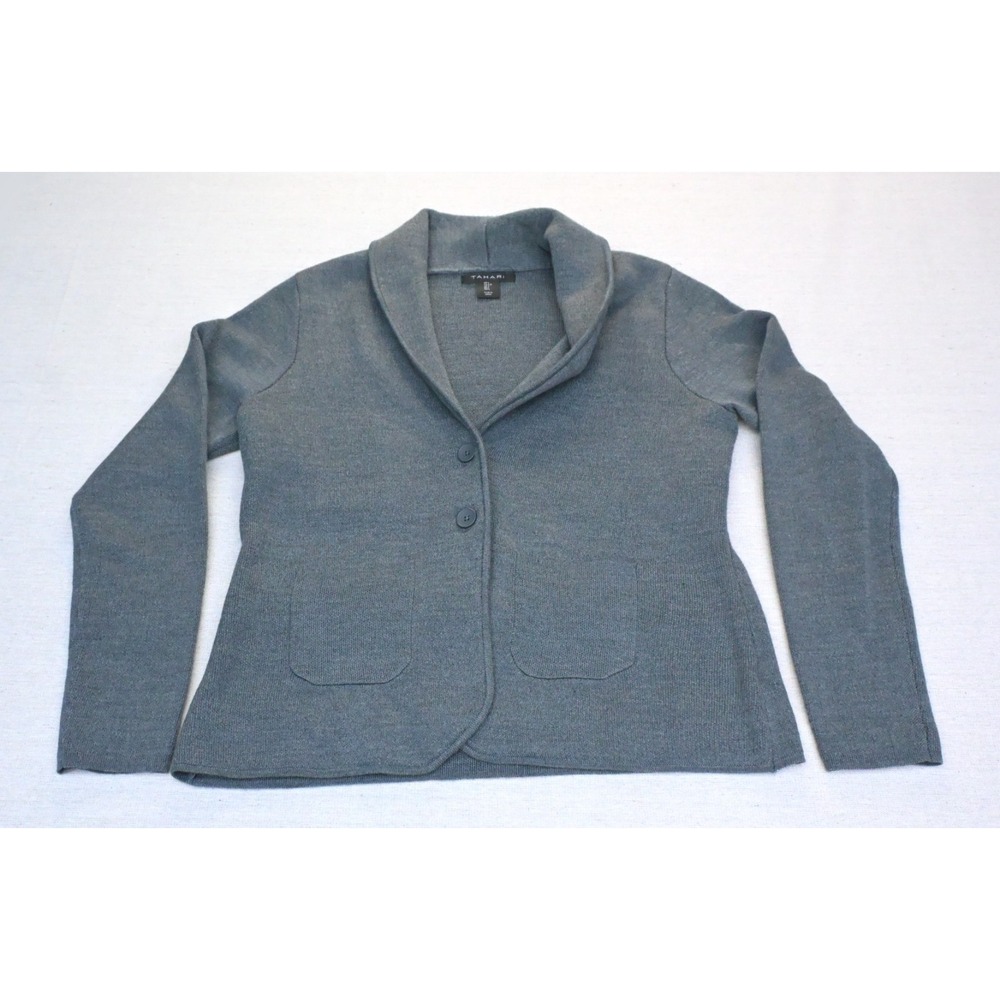 Tahari Size L Merino Wool Knit Jacket Grey Shawl Collar Patch Pockets Unlined